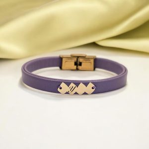 14 Ayar Altın Plakalı Harfe Özel Hayat Döngüsü Motifli Doğal Mor Derili Hediye Bileklik-372