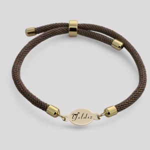 14 Ayar Altın Plakalı İsme Özel Kahverengi Örgü İpli Oval Figürlü Hediye Bileklik-341