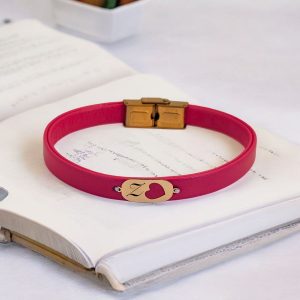 14 Ayar Altın Plakalı Harfe Özel Kalp Detaylı Oval Motifli Doğal Pembe Derili Hediye Bileklik-377