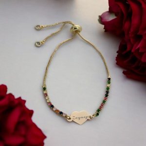 14 Ayar Altın Plakalı İsme Özel Zincirli Renkli Taş Desenli Kalp Figürlü Hediye Bileklik-348