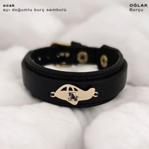 14 Ayar Altın Plakalı Burca Özel Uçak Motifli Hakiki Siyah Derili Hediye Bileklik-447