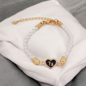 14 Ayar Altın Plakalı Sembole Özel Doğal Beyaz Derili Kalp Figürlü Sevgililer Gününe Özel Hediye Bileklik-433