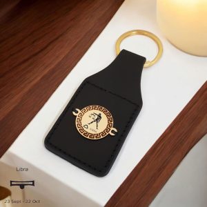 14 Ayar Altın Plakalı Burca Özel Yuvarlak Figürlü Doğal Siyah Derili Hediyelik Anahtarlık-486