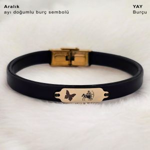 14 Ayar Altın Plakalı Burca Özel Kelebek Figürlü Doğal Siyah Derili Hediye Bileklik-646
