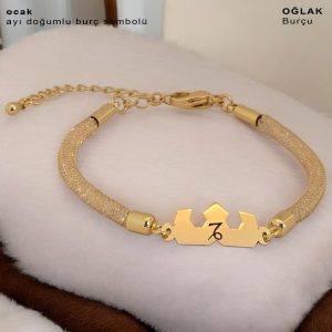 14 Ayar Altın Plakalı Doğum Ayına Özel Hasır Kordonlu Taç Motifli Hediye Bileklik-461