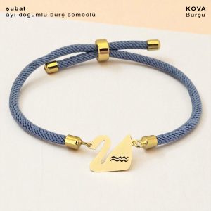 14 Ayar Altın Plakalı Doğum Ayına Özel Kuğu Kuşu Motifli Mavi İpek Örgülü Hediye Bileklik-603