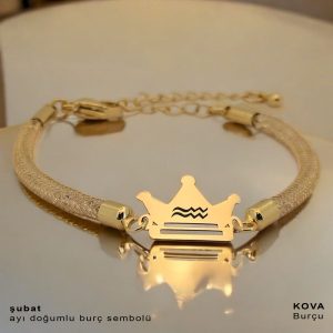 14 Ayar Altın Plakalı Doğum Ayına Özel Hasır Kordonlu Taç Figürlü Hediye Bileklik-464