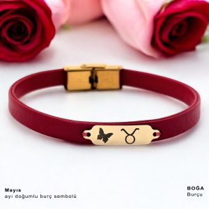 14 Ayar Altın Plakalı Doğum Ayına Özel Doğal Kırmızı Derili Kelebek Figürlü Hediye Bileklik-652