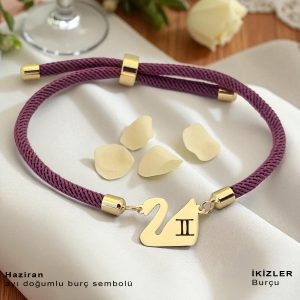14 Ayar Altın Plakalı Doğum Ayına Özel Kuğu Kuşu Motifli Mor İpek Örgülü Hediye Bileklik-605