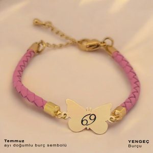 14 Ayar Altın Plakalı Doğum Ayına Özel Doğal Pembe Derili Kelebek Motifli Hediye Bileklik-455