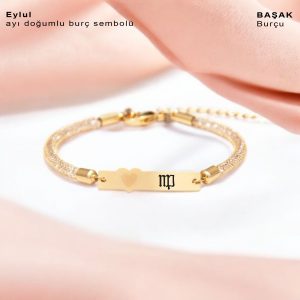 14 Ayar Altın Plakalı Doğum Ayına Özel Hasır Kordonlu Kalp Figürlü Hediye Bileklik-457