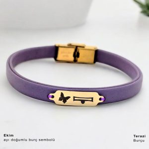 14 Ayar Altın Plakalı Doğum Ayına Özel Doğal Mor Derili Kelebek Motifli Hediye Bileklik-653