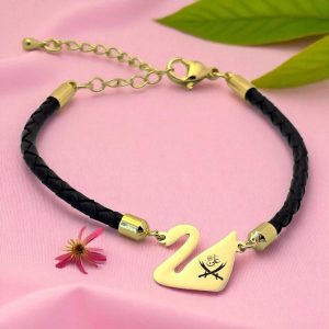 14 Ayar Altın Plakalı Sembole Özel Kuğu Kuşu Figürlü Doğal Siyah Derili Hediye Bileklik-606