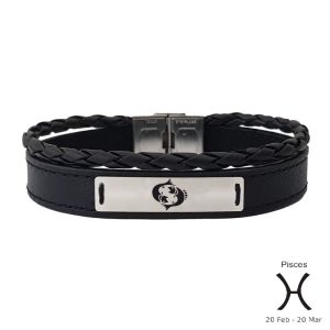 925 Ayar Gümüş Plakalı Burca Özel Dikdörtgen Figürlü Hakiki Siyah Derili Hediye Bileklik-534