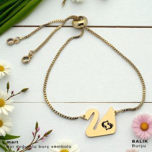 14 Ayar Altın Plakalı Burca Özel Altın Renkli Zincirli Kuğu Kuşu Motifli Hediye Bileklik-599