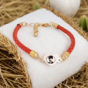 14 Ayar Altın Plakalı Sembole Özel Doğal Turuncu Derili Kalp Motifli Hediye Bileklik-434