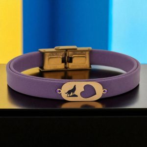 14 Ayar Altın Plakalı Sembole Özel Doğal Mor Derili Kalp Detaylı Oval Motifli Hediye Bileklik-558