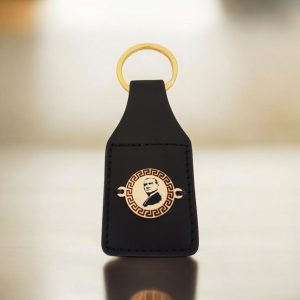 14 Ayar Altın Plakalı Sembole Özel Doğal Siyah Derili Yuvarlak Figürlü Hediyelik Anahtarlık-486