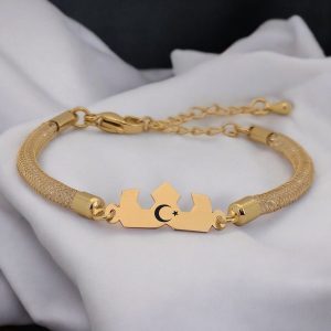 14 Ayar Altın Plakalı Sembole Özel Hasır Kordonlu Taç Motifli Hediye Bileklik-461