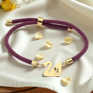 14 Ayar Altın Plakalı Sembole Özel Kuğu Kuşu Motifli Mor İpek Örgülü Hediye Bileklik-605