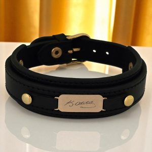 14 Ayar Altın Plakalı Sembole Özel Oval Figürlü Hakiki Siyah Derili Hediye Bileklik-564