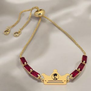 14 Ayar Altın Plakalı Sembole Özel Zincirli Kırmızı Taş Desenli Taç Figürlü Hediye Bileklik-496