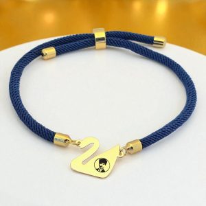 14 Ayar Altın Plakalı Sembole Özel Kuğu Kuşu Figürlü Lacivert Örgü İpli Hediye Bileklik-604