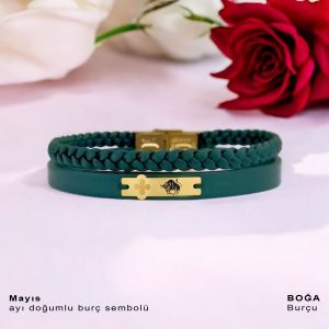 14 Ayar Altın Plakalı Burca Özel Çiçek Figürlü Doğal Yeşil Derili Hediye Bileklik-452