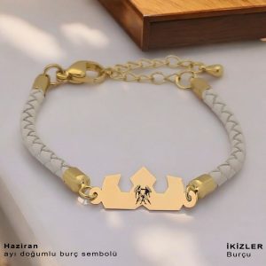 14 Ayar Altın Plakalı Burca Özel Taç Motifli Doğal Beyaz Derili Hediye Bileklik-465