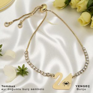 14 Ayar Altın Plakalı Burca Özel Altın Renkli Zincirli Beyaz Taş Desenli Kuğu Kuşu Motifli Hediye Bileklik-601