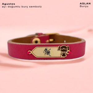 14 Ayar Altın Plakalı Burca Özel Kız Çocuk Figürlü Doğal Pembe Derili Hediye Bileklik-454