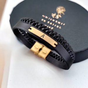 14 Ayar Altın Plakalı Harfe Özel Hakiki Siyah Derili Dikdörtgen Motifli Hediye Bileklik-537