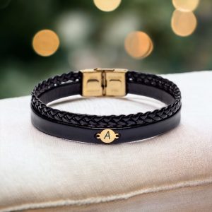 14 Ayar Altın Plakalı Harfe Özel Hakiki Siyah Derili Yuvarlak Figürlü Hediye Bileklik-536