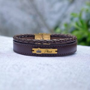 14 Ayar Altın Plakalı İsme Özel Taç Motifli Hakiki Kahverengi Derili Hediye Bileklik-575