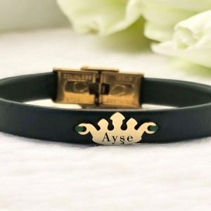 14 Ayar Altın Plakalı İsme Özel Taç Motifli Koyu Yeşil Derili Hediye Bileklik-639