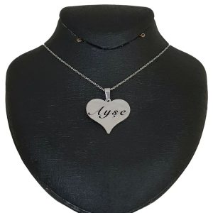 925 Ayar Gümüş Plakalı İsme Özel Gümüş Renkli Zincirli Kalp Figürlü Hediyelik Kolye-456