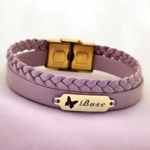 14 Ayar Altın Plakalı İsme Özel Açık Mor Derili Kelebek Motifli Hediye Bileklik-655