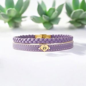 14 Ayar Altın Plakalı Harfe Özel Kalp Motifli Doğal Mor Derili Hediye Bileklik-453