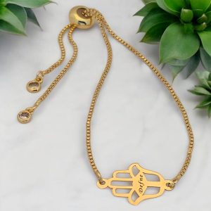 14 Ayar Altın Plakalı İsme Özel Hamsa Motifli Altın Renkli Zincirli Hediye Bileklik-497