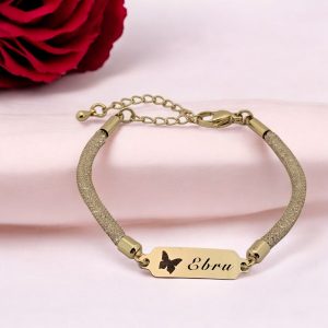 14 Ayar Altın Plakalı İsme Özel Hasır Kordonlu Kelebek Motifli Hediye Bileklik-647