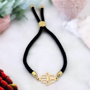 14 Ayar Altın Plakalı İsme Özel Hamsa Figürlü Siyah İpek Örgülü Hediye Bileklik-509