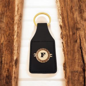 14 Ayar Altın Plakalı Harfe Özel Yuvarlak Figürlü Hakiki Siyah Derili Hediyelik Anahtarlık-485