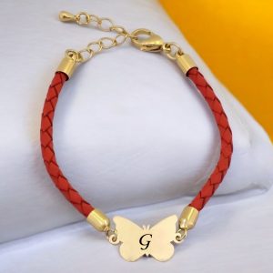 14 Ayar Altın Plakalı Harfe Özel Kelebek Figürlü Doğal Turuncu Derili Hediye Bileklik-502