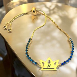 14 Ayar Altın Plakalı Harfe Özel Zincirli Taç Figürlü Mavi Taş Desenli Hediye Bileklik-466
