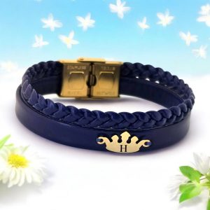 14 Ayar Altın Plakalı Harfe Özel Taç Motifli Doğal Lacivert Derili Hediye Bileklik-649