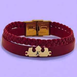 14 Ayar Altın Plakalı Harfe Özel Taç Figürlü Bordo Derili Hediye Bileklik-470