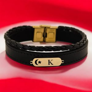 14 Ayar Altın Plakalı Harfe Özel Hakiki Siyah Derili Ay Yıldız Motifli Hediye Bileklik-612