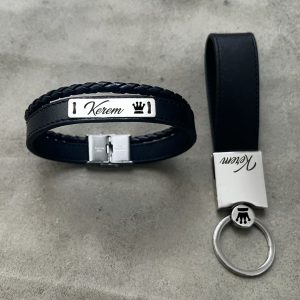 925 Ayar Gümüş Plakalı İsme Özel Taç Motifli Hakiki Siyah Derili Hediye Seti-584