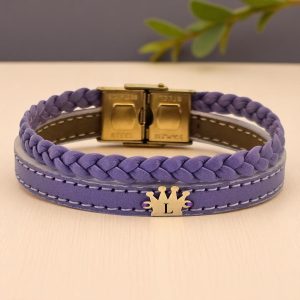 14 Ayar Altın Plakalı Harfe Özel Hakiki Mor Derili Taç Motifli Hediye Bileklik-516