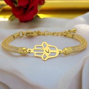 14 Ayar Altın Plakalı Harfe Özel Hasır Kordonlu Hamsa Motifli Hediye Bileklik-499